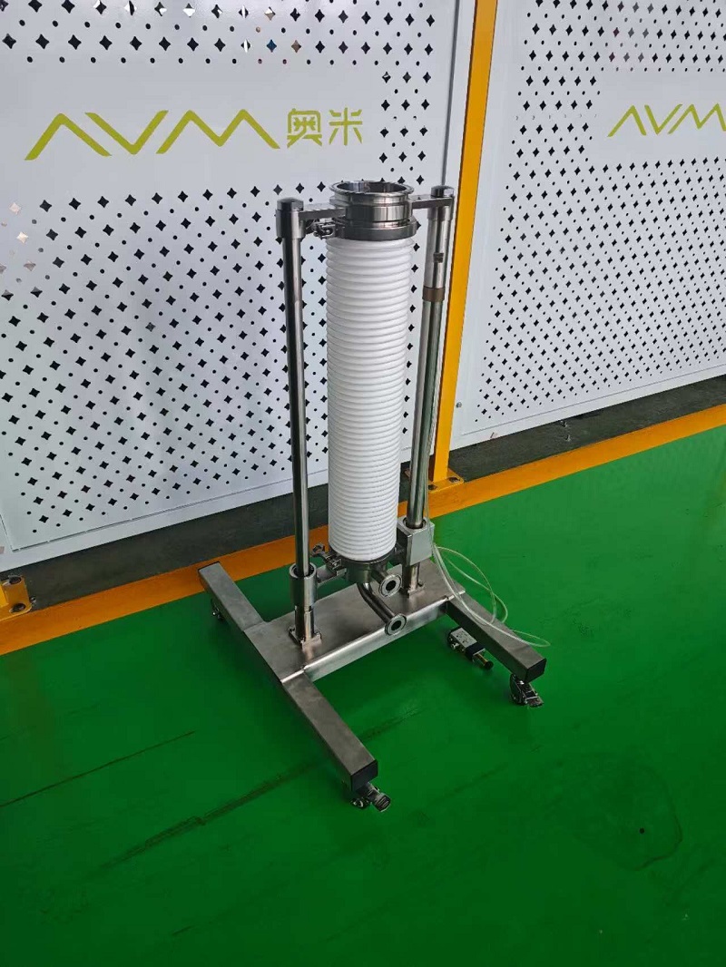 AVM passive valve cleaning stand showing the lifting structure and equipment connections